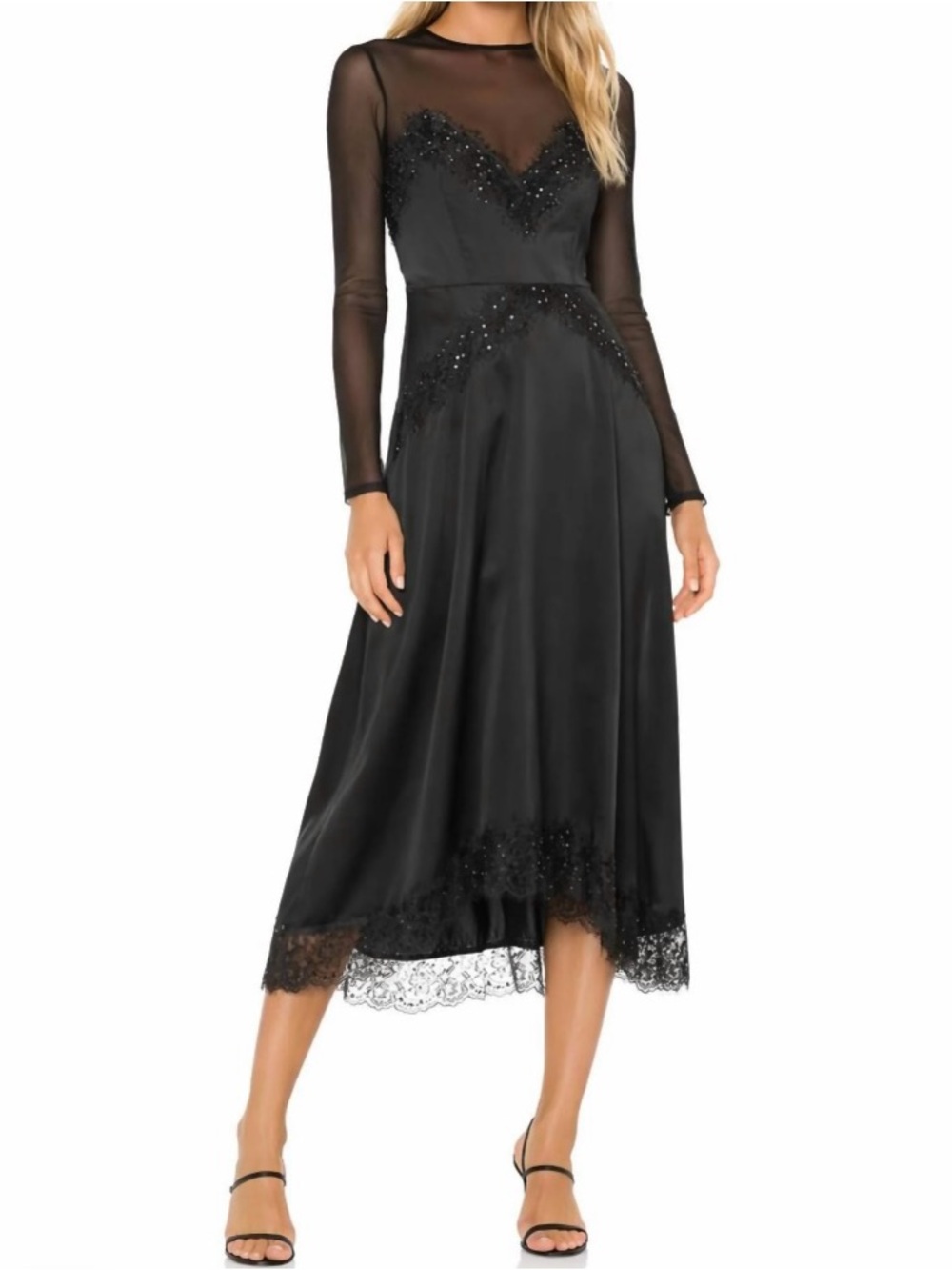 The Kooples Black Silk Lace Mesh Midi Dress Beaded FROB18036K Size 3‎ Medium